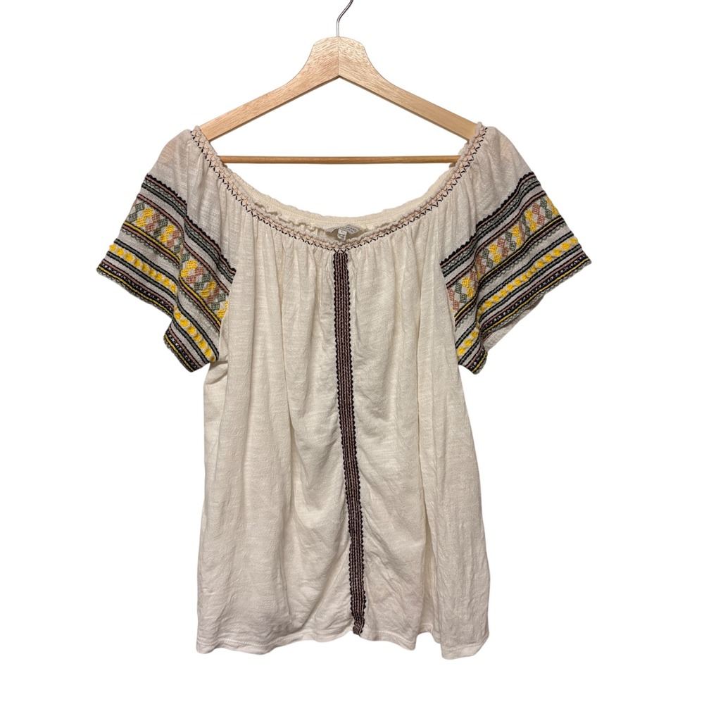 Lucky Brand Womens Ivory Boho Top Size L Lightweight Embroidered Western Concert